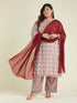 Janasya Women's Plus Size Cream & Maroon Georgette Embroidered Ajrakh Printed Straight Kurta Set